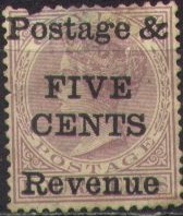 'Postage & Revenue FIVE CENTS' on 4 c lilac