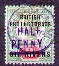 'HALF PENNY.' (violet) on 2 p green and red