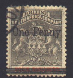 'One Penny' on 4 Sh grey and red