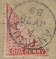 1 p red bisected diagonally, forgery?