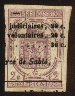 2 c lilac imperforated, with newspaper cancel