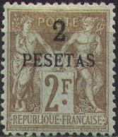 '2 PESETAS' on 2 Fr brown on blue