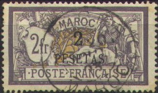 '2 PESETAS' on 2 Fr violet and yellow