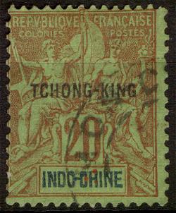 "TCHONG-KING" on 20 c red on yellow