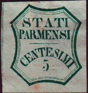 Forgery with strange 'S' in 'STATI' and 'P' of 'PARMENSI' touching left border
