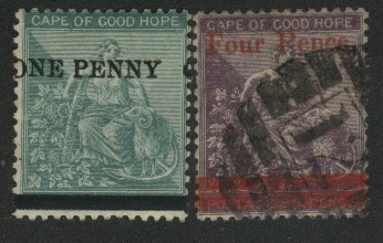 1 p on 1 Sh green and 4 p on 6 p violet (misoverprint)