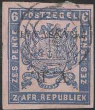 6 p blue on red with inverted overprint