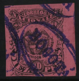 10 P black on red 'BOGOTA' cancel