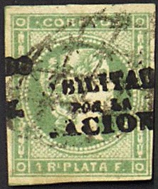'1 R PLATA F' green, overprinted 'HABILITADO POR LA NACION'