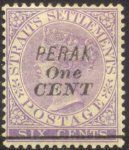 'PERAK One CENT' on 6 c lilac