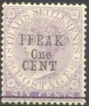 'PERAK One CENT' on 6 c lilac (other type)