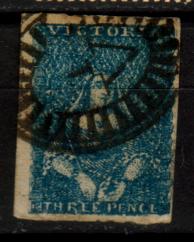 3 p blue, typical cancle, 'V1' in oval